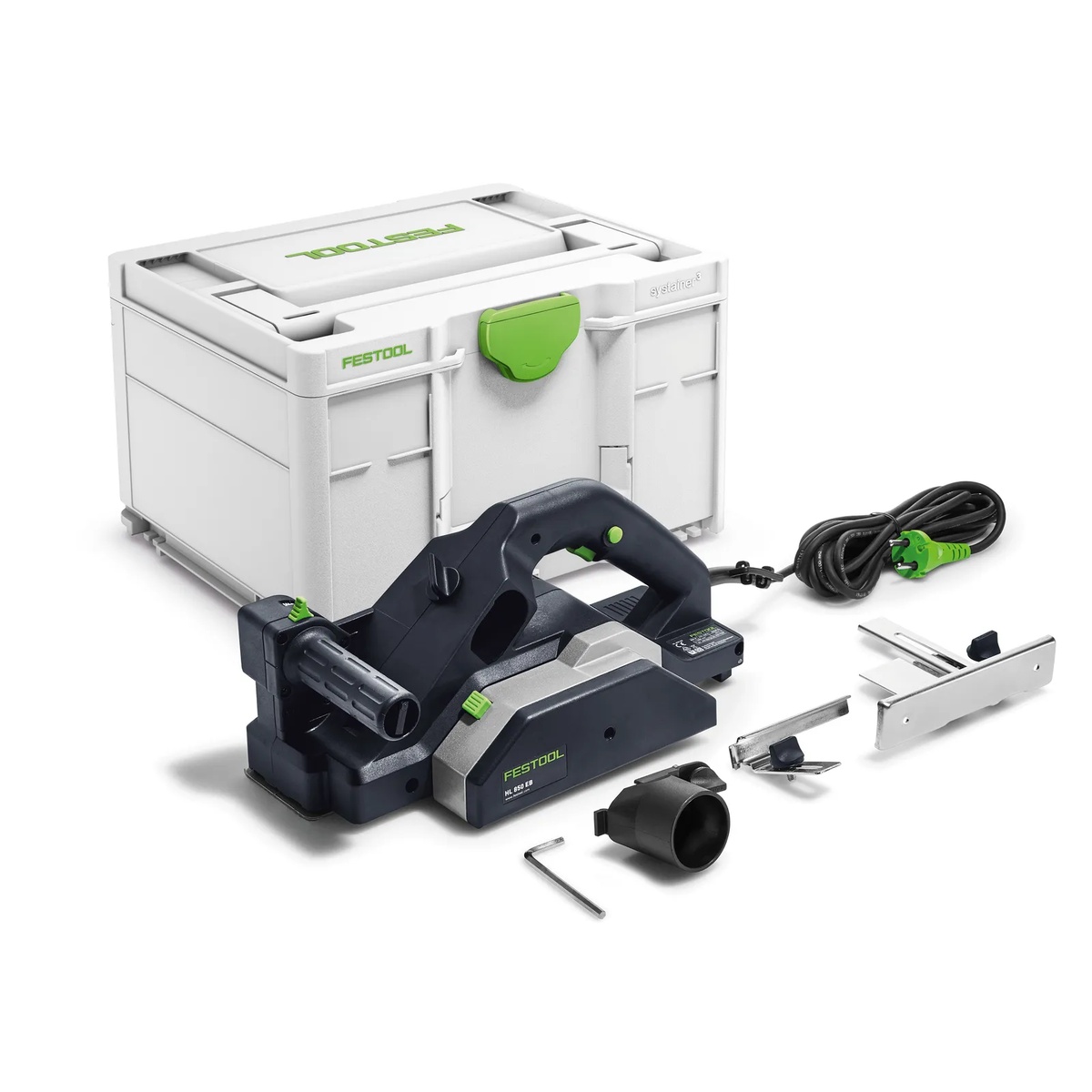 Festool HL 850 E-F-Plus Planer kit with Systainer3, side fence, rabbet stop, suction adapter, and hex key on a white background