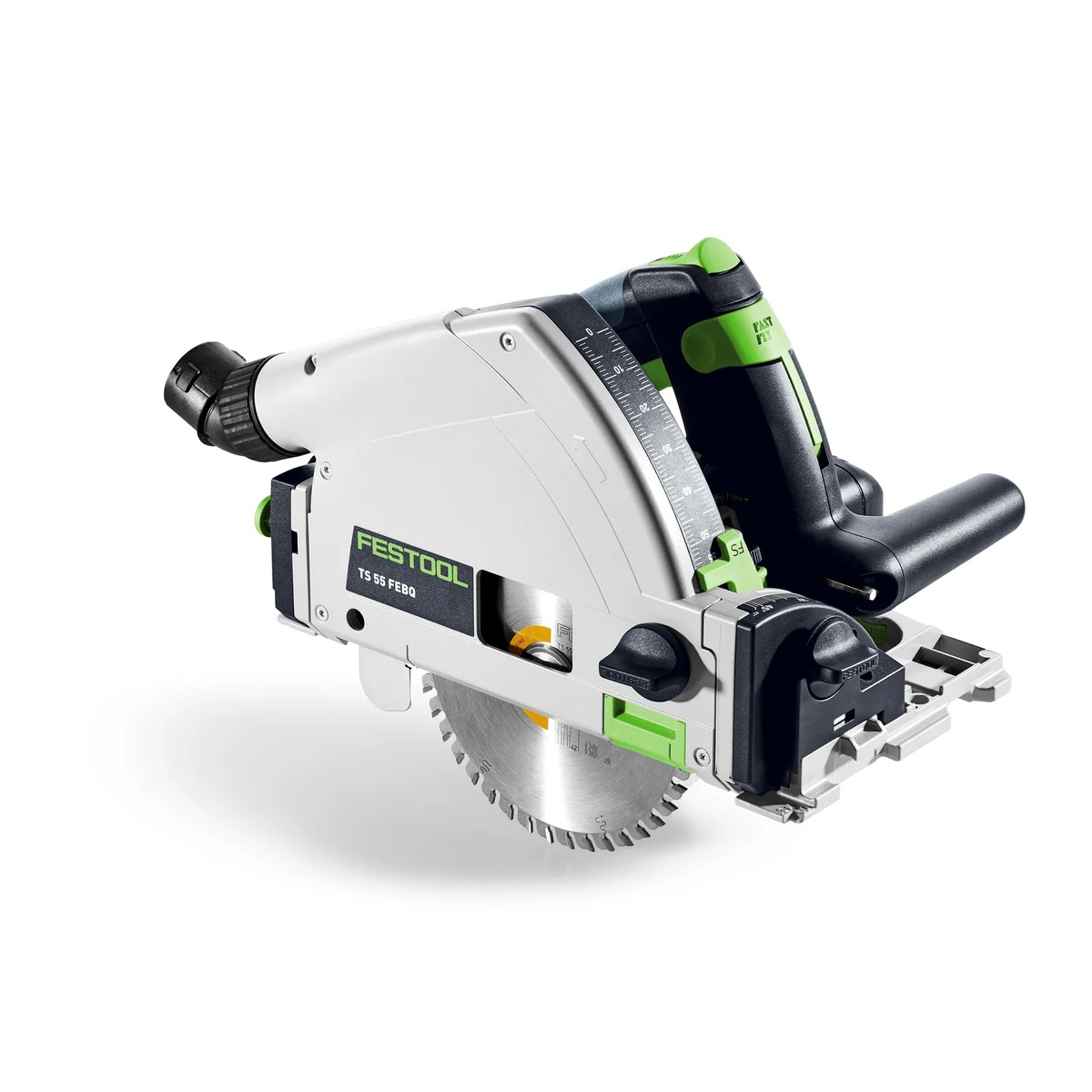 Festool TS 55 FEQ-F-Plus Plunge Cut Track Saw shown in close-up with exposed 6-1/4 inch blade, plunge housing, and bevel scale for precise woodworking and sheet goods cutting