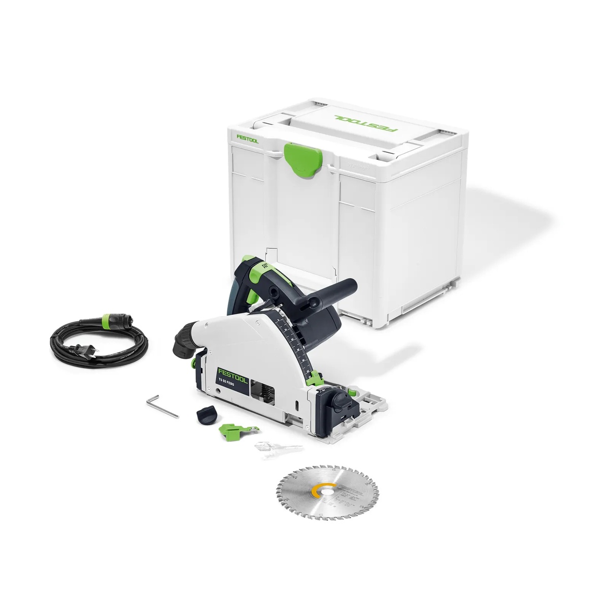 Festool TS 55 FEQ-F-Plus Plunge Cut Track Saw kit with Systainer, plug-it power cord, blade, hex key, and accessories on a clean work surface for transport and jobsite setup