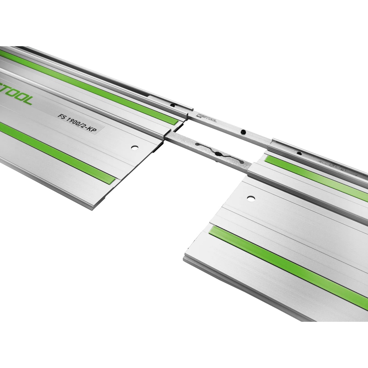 Festool FSV/2 Guide Rail Connector 2-Pack installed between two Festool guide rails to create one stable cutting track
