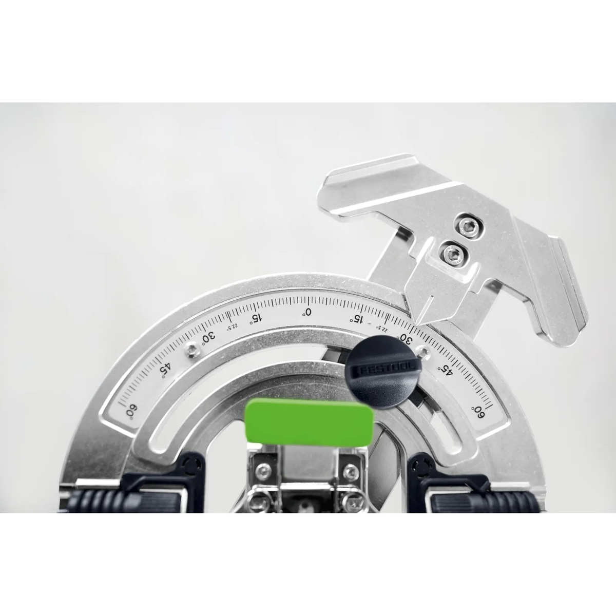 Close-up of the Festool 577040 Guide Rail Angle Stop FS-WA angle scale and pointer showing indexed angle settings for repeat cuts