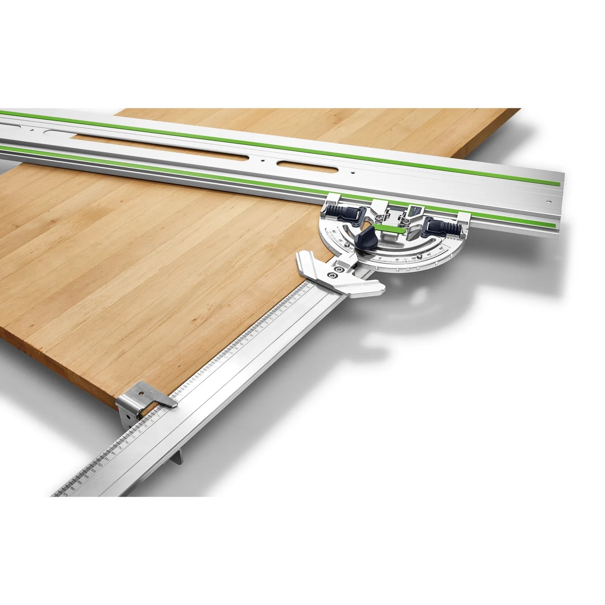 Festool 577041 Guide Rail Angle Stop Extension FS-WA-VL installed on a guide rail angle stop for sizing a wood panel in a workshop cutting setup