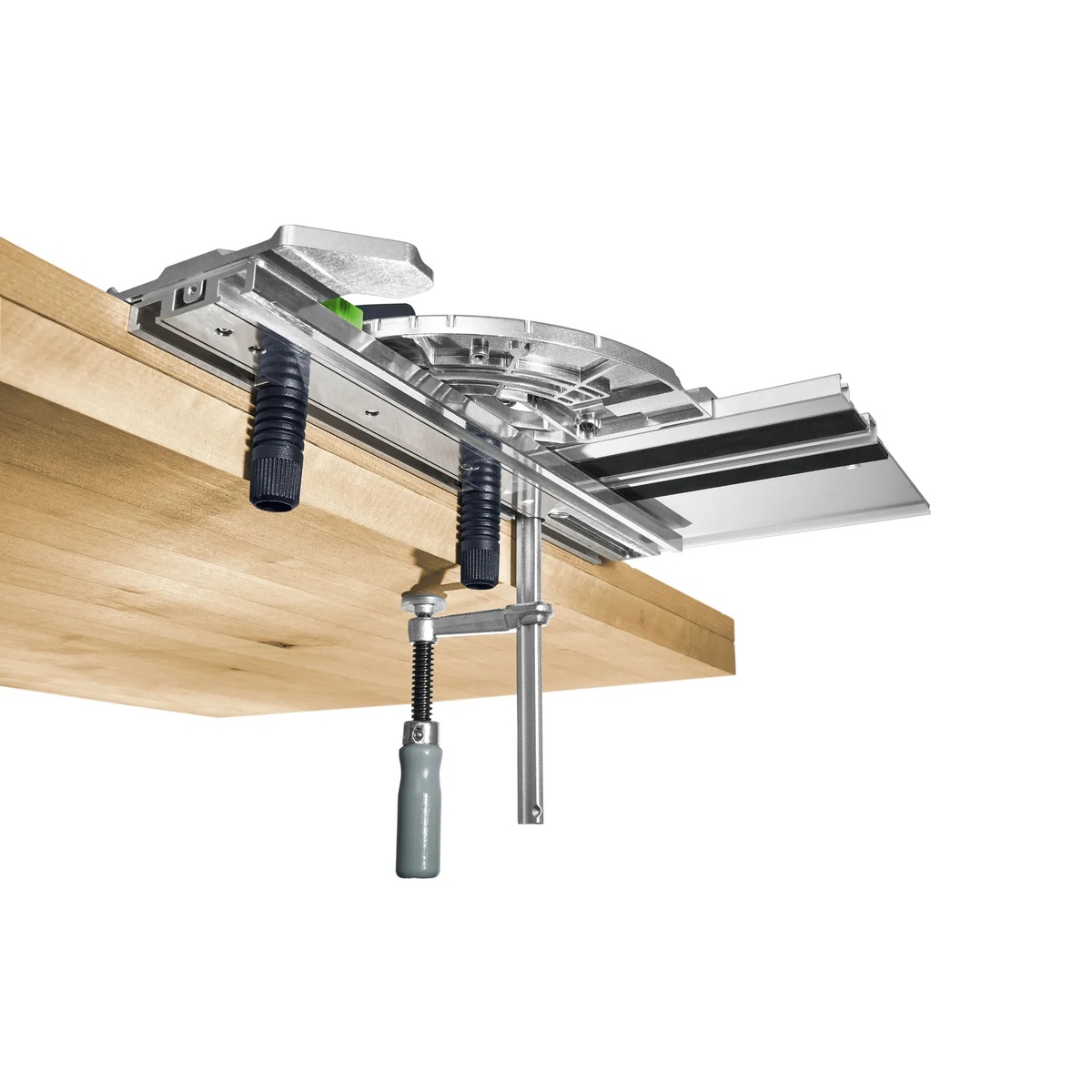 Festool 577157 Guide Rail Accessory Kit w/ Systainer3 screw clamp securing an FS/2 guide rail beneath a wood workpiece for stable cutting