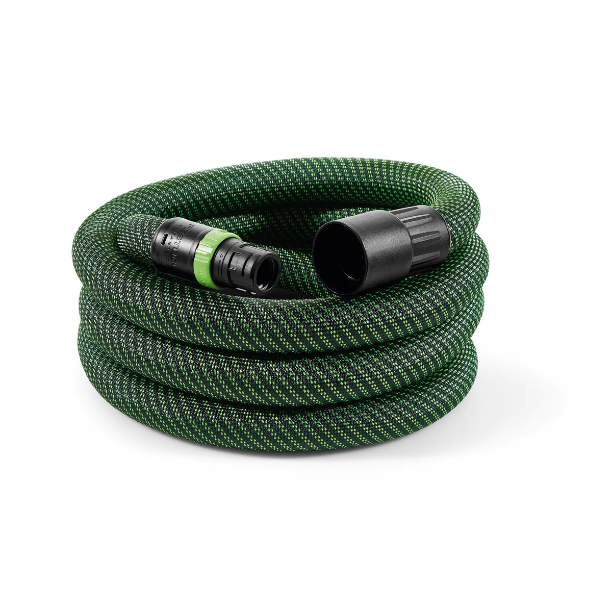 Festool 577158 Antistatic Smooth Suction Hose 27/32mm x 11-ft-6-in coiled on a shop surface showing the CLEANTEC connector and tapered hose ends for dust extraction setup