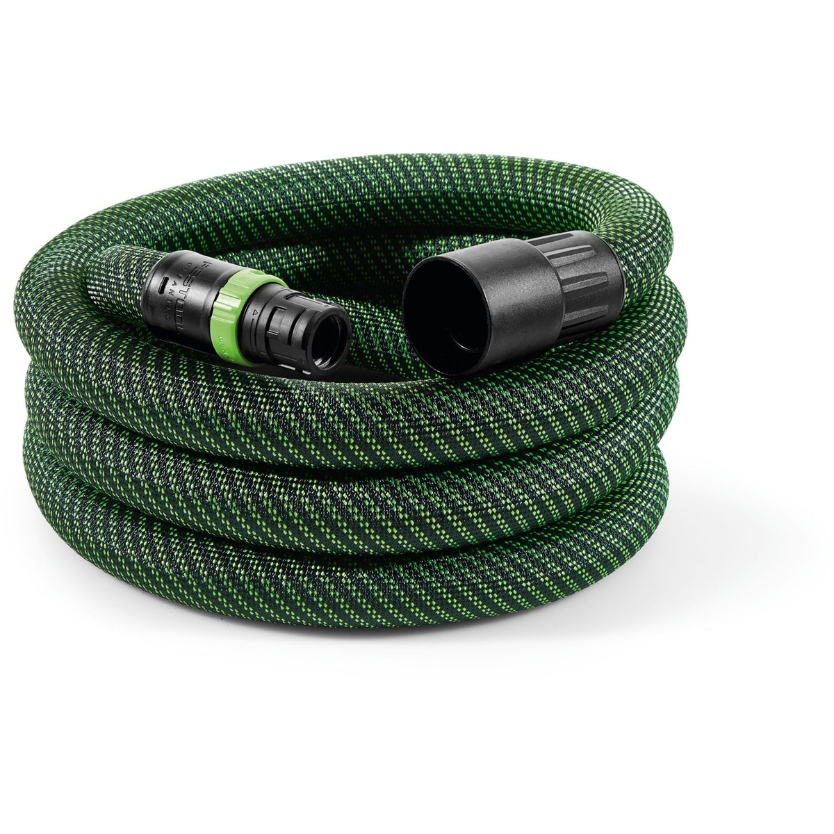 Festool 577159 Antistatic Smooth Suction Hose 27/32mm x 16-ft coiled on a clean background showing the smooth hose body and tool-end connection for shop dust extraction setups