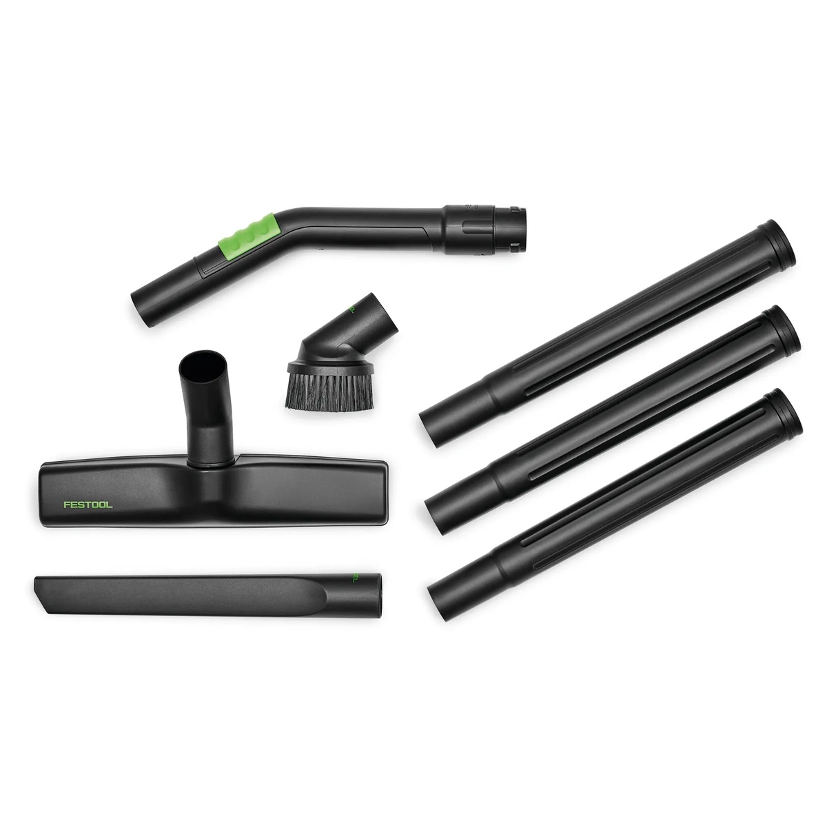 Festool RS-ST D 27/36-Plus Standard Cleaning Set accessories shown individually to highlight the curved hand tube, brush, floor nozzle, crevice tool, and extension tubes for workshop cleaning