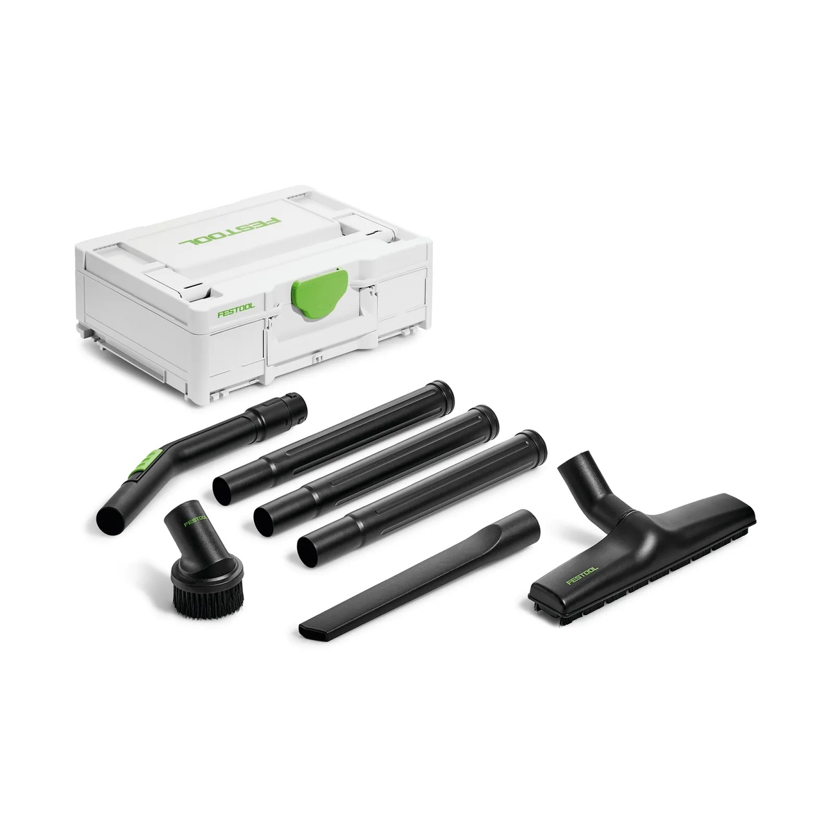 Festool RS-ST D 27/36-Plus Standard Cleaning Set with Systainer3, floor nozzle, crevice nozzle, brush, and extension tubes arranged for shop and jobsite cleanup