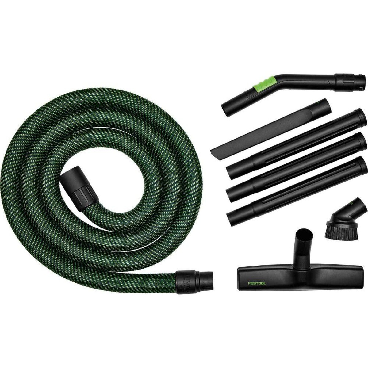 Festool RS-HW D 36-Plus Cleaning Set For Tradesmen 36 mm antistatic hose and accessories laid out for shop floor and bench cleanup