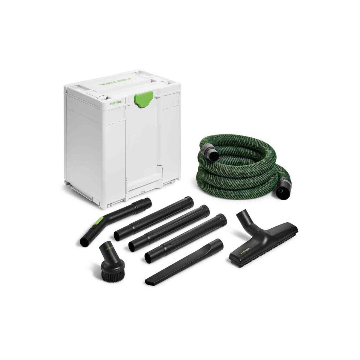 Festool RS-HW D 36-Plus Cleaning Set For Tradesmen with Systainer, hose, tubes, and nozzles arranged for workshop and jobsite cleanup
