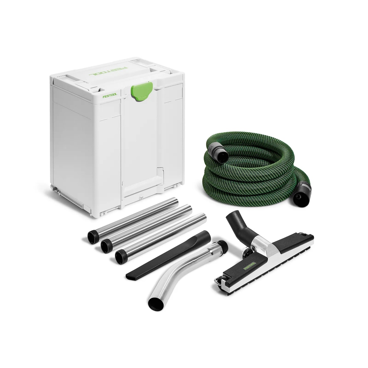 Festool RS-BD D 36-Plus Floor Cleaning Set laid out with Systainer, hose, steel tubes, curved hand tube, crevice nozzle, and wide floor nozzle for shop and commercial floor cleanup