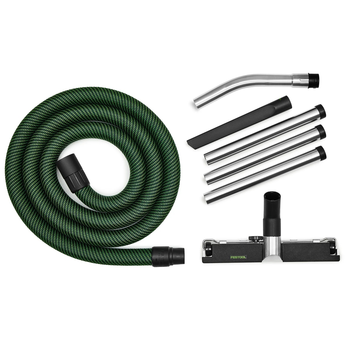 Festool RS-BD D 36-Plus Floor Cleaning Set components shown close up with antistatic hose, stainless steel extension tubes, curved hand tube, and floor nozzle for vacuuming large surfaces
