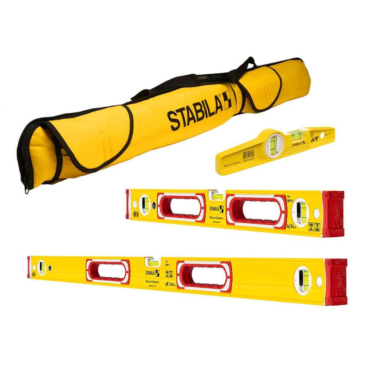 Stabila 48375 Classic 3-Piece Spirit Level Set Type 196 with carrying case, 10 inch torpedo level, 24 inch level, and 48 inch level arranged for shop and jobsite storage