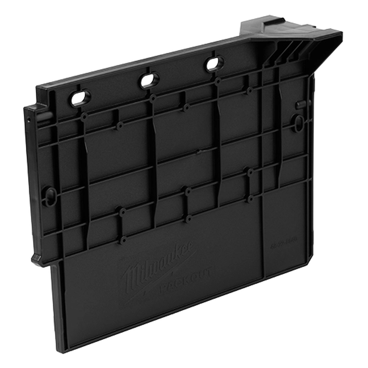 Milwaukee Divider for PACKOUT Crate close-up showing the mounting hole pattern and reinforced storage panel design
