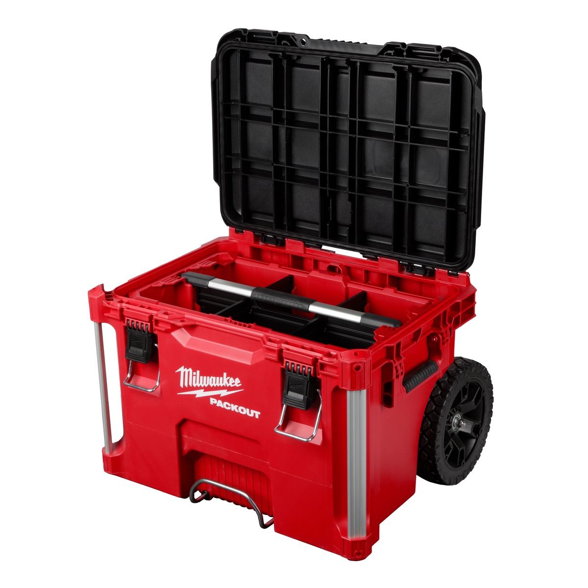 Milwaukee 48-22-8045 PACKOUT Tool Tray stored inside a Milwaukee PACKOUT rolling tool chest for organized transport and fast tool access