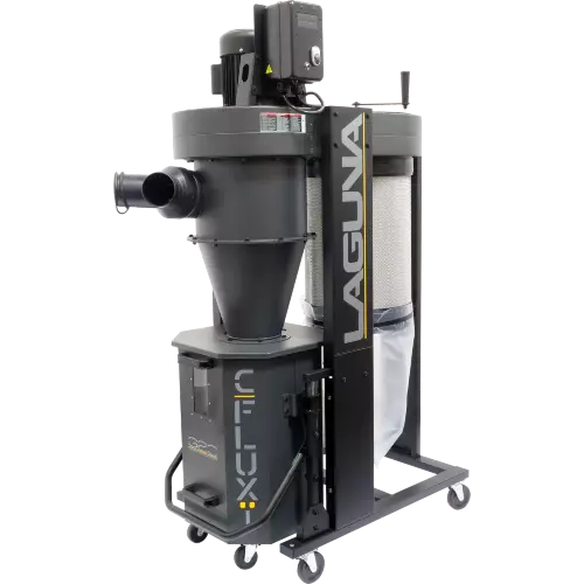 Laguna MDCCF15110 C|Flux: 1 Dust Collector product image showing the cyclone body, cartridge filter, and wheeled collection drum in a woodworking shop dust collection setup
