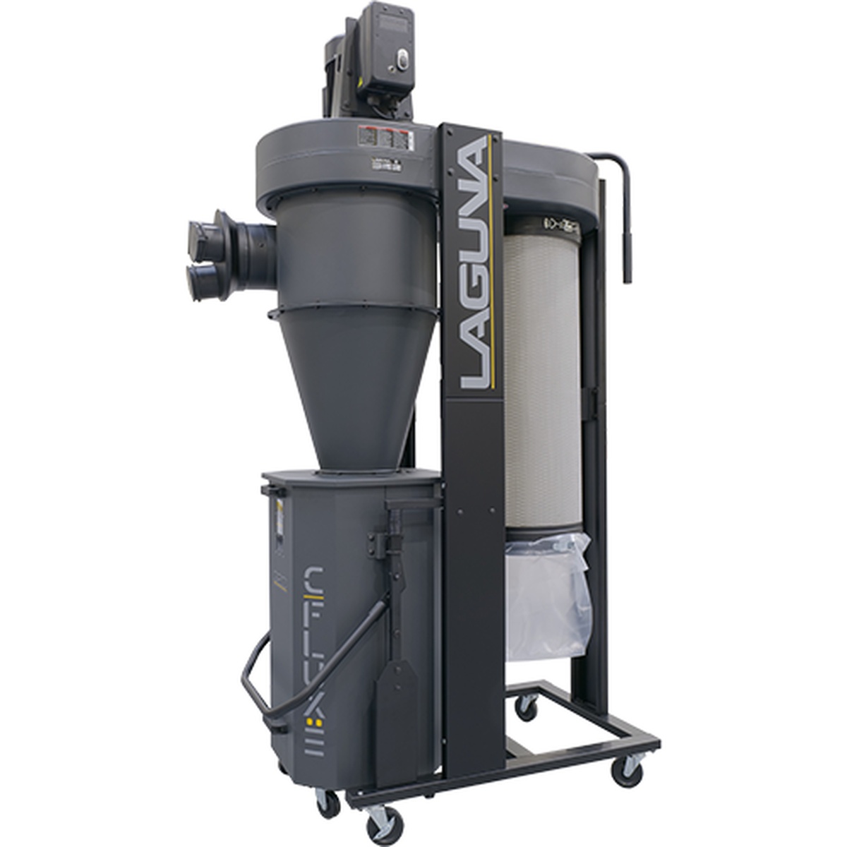 Laguna C|Flux: 3 Dust Collector shown as a full cyclone dust collection unit for woodworking shop dust control beside stationary machines