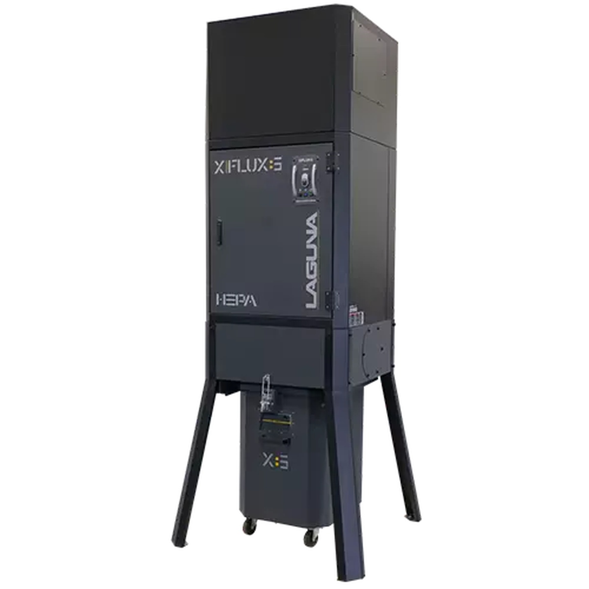 Laguna X|Flux 5 Dust Collector full product view in a workshop-style product shot showing the stationary dust collection unit with drum and filter housing