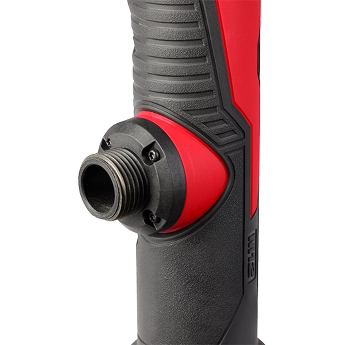 Milwaukee 2579-20 M12 Stick Transfer Pump outlet connection detail showing the threaded fitting for a standard garden hose