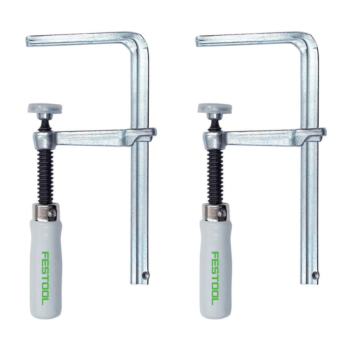 Festool 491498 FS 1400 55 inch guide rail kit screw clamps shown for securing a guide rail or workpiece during precision cutting on a bench or MFT table