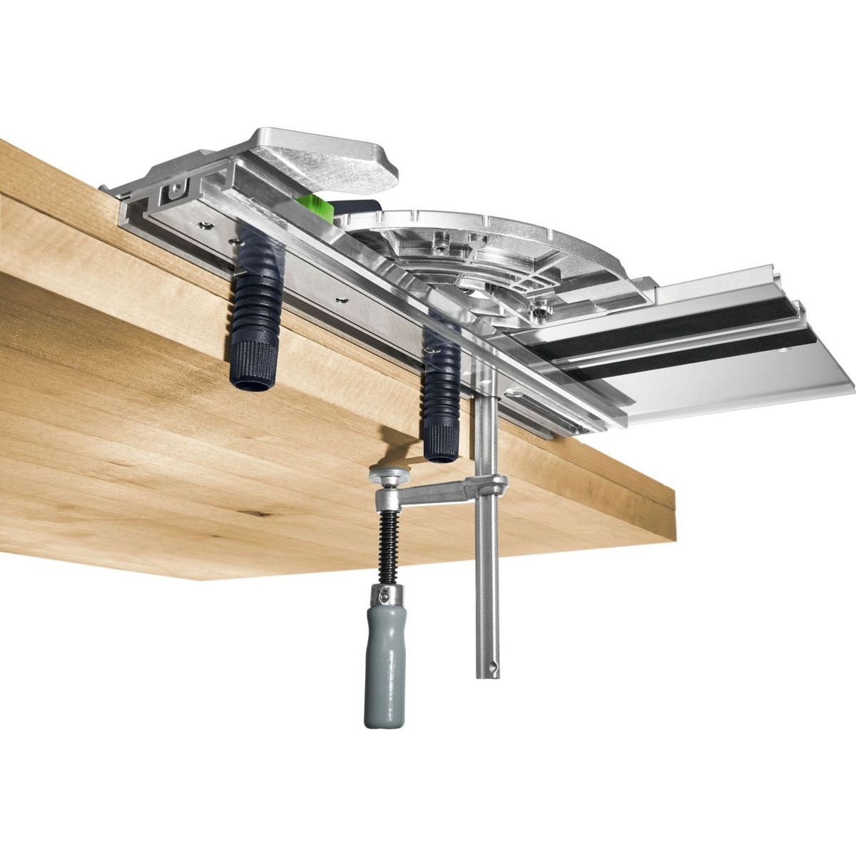 Festool 577157 Guide Rail Accessory Kit clamped to a wood workpiece for repeatable angle cutting and guide rail support in a shop setup
