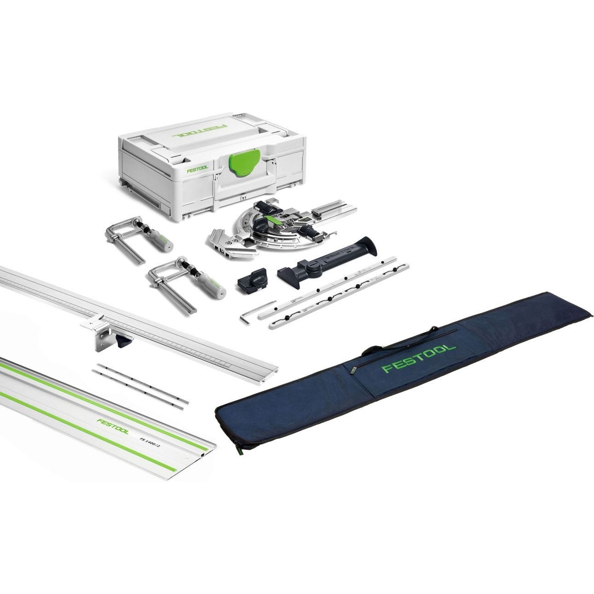 Festool 577157 Guide Rail Accessory Kit with 55 inch guide rail, connectors, extension, clamps, Systainer, and rail tote bag laid out for jobsite transport