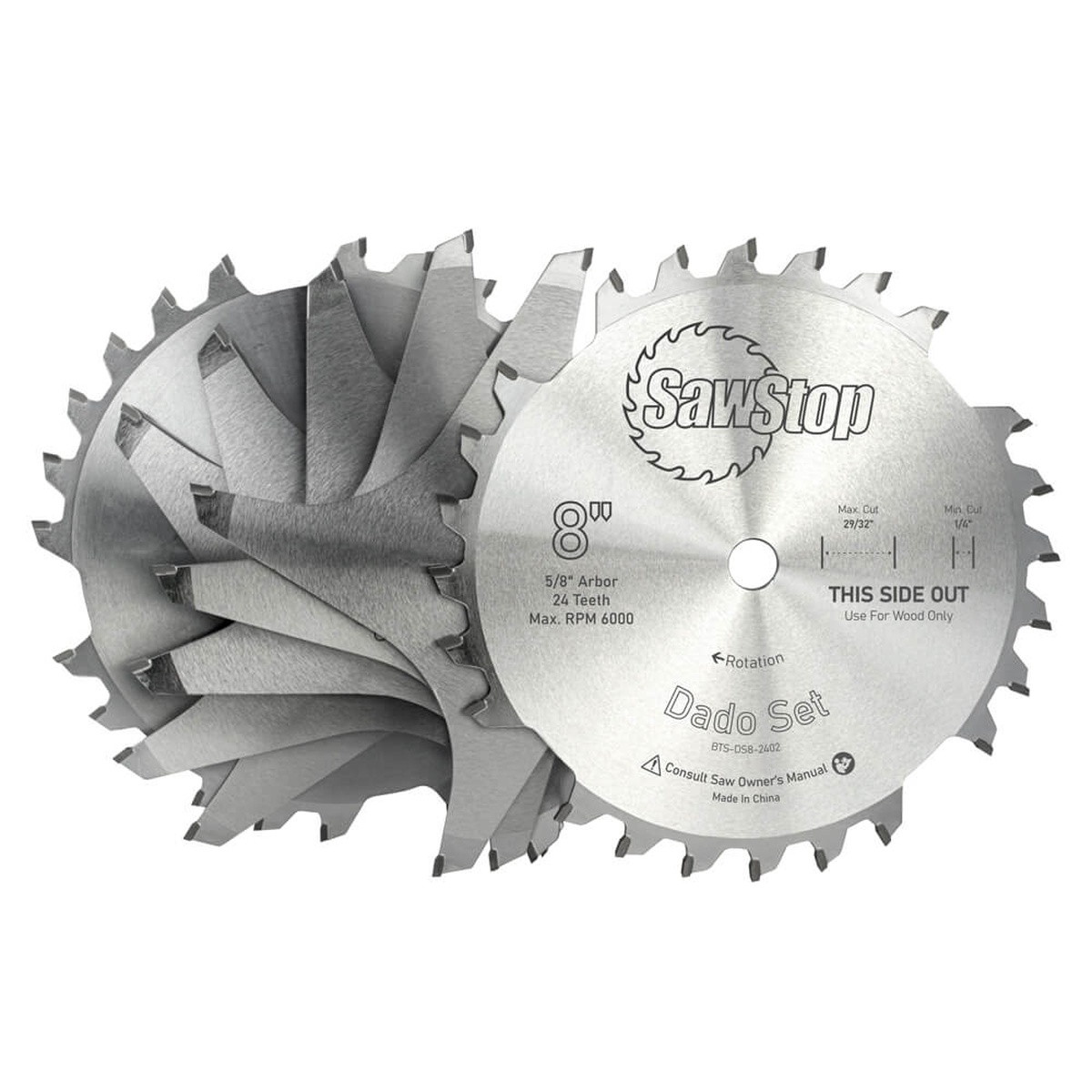 SawStop BTS-DS8-2402 Premium 8-in. Dado Set blades shown close up on a clean background, highlighting the 8 inch diameter, 24 tooth outer blade design, and stacked dado configuration for woodworking