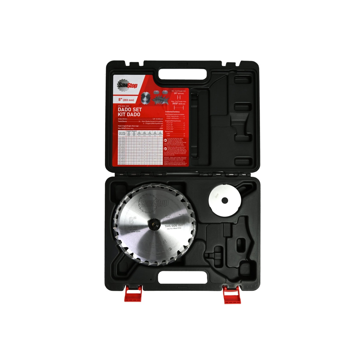 SawStop BTS-DS8-2402 Premium 8-in. Dado Set in open storage case with outer blade and chipper components arranged for setup on a table saw