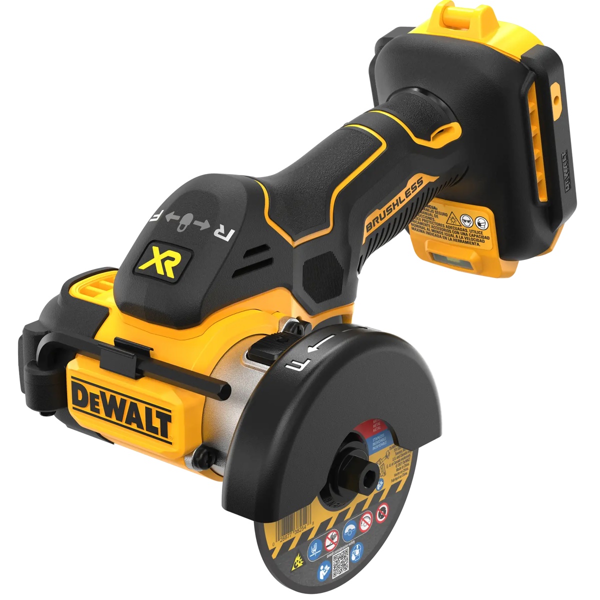 DEWALT DCS438B 20V MAX XR brushless cordless 3 in. cut-off tool shown from the rear angle with cutting wheel and guard, highlighting its compact shape for tight jobsite cutting in metal or tile work