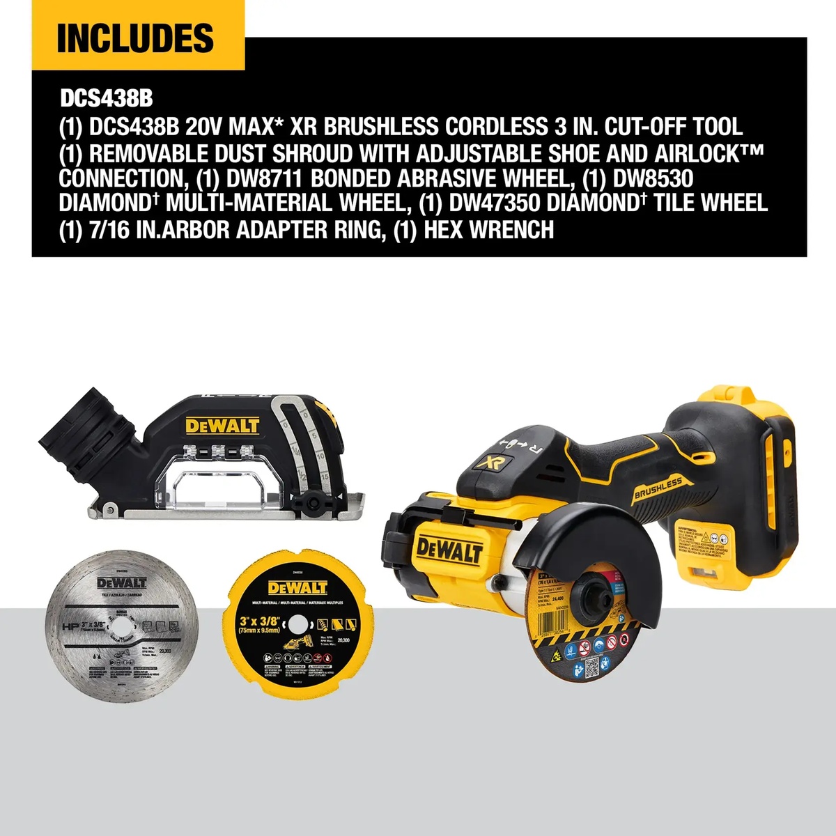 DEWALT DCS438B 20V MAX XR brushless cordless 3 in. cut-off tool with removable dust shroud and included wheels for metal, tile, and multi-material cutting on the jobsite