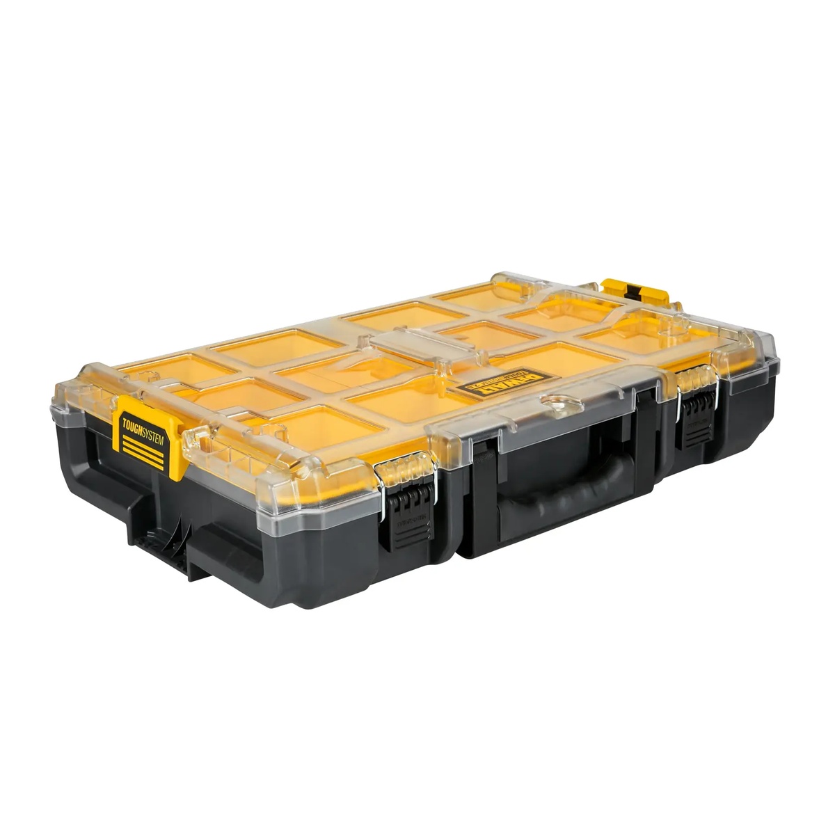 DeWALT DWST08040 TOUGHSYSTEM 2.0 Full-Size Organizer angled to show side latches and carrying handle for stacking and moving modular storage between truck and jobsite