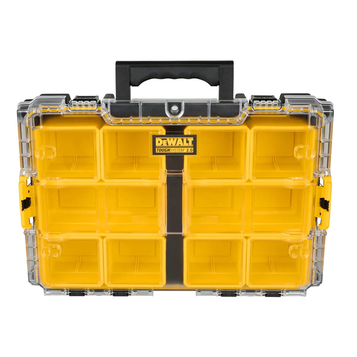 DeWALT DWST08040 TOUGHSYSTEM 2.0 Full-Size Organizer shown from the top with clear lid and visible cup layout for sorting screws, anchors, and small jobsite hardware in a shop or work van