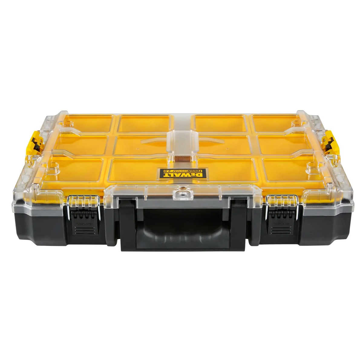 DeWALT DWST08040 TOUGHSYSTEM 2.0 Full-Size Organizer front view showing sealed clear lid, front latches, and handle for protecting small parts from dust and water on the jobsite