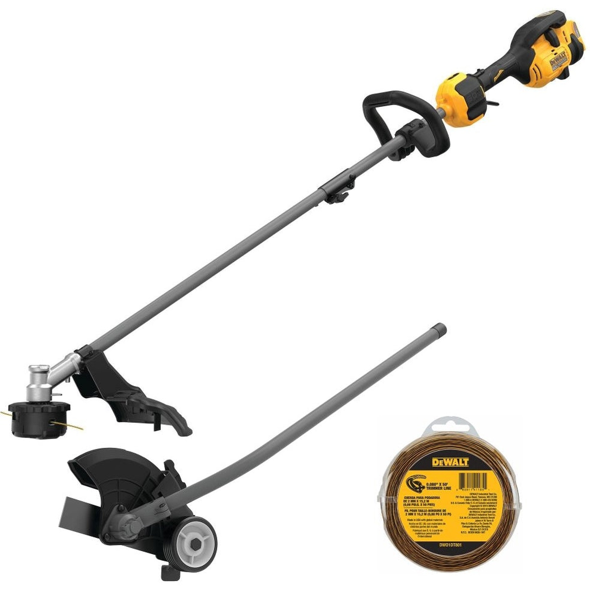 DeWalt DCST972B FlexVOLT 60V MAX 17-Inch Brushless Attachment Capable String Trimmer shown with edger attachment and trimmer line for grass trimming and sidewalk edging on residential or commercial property