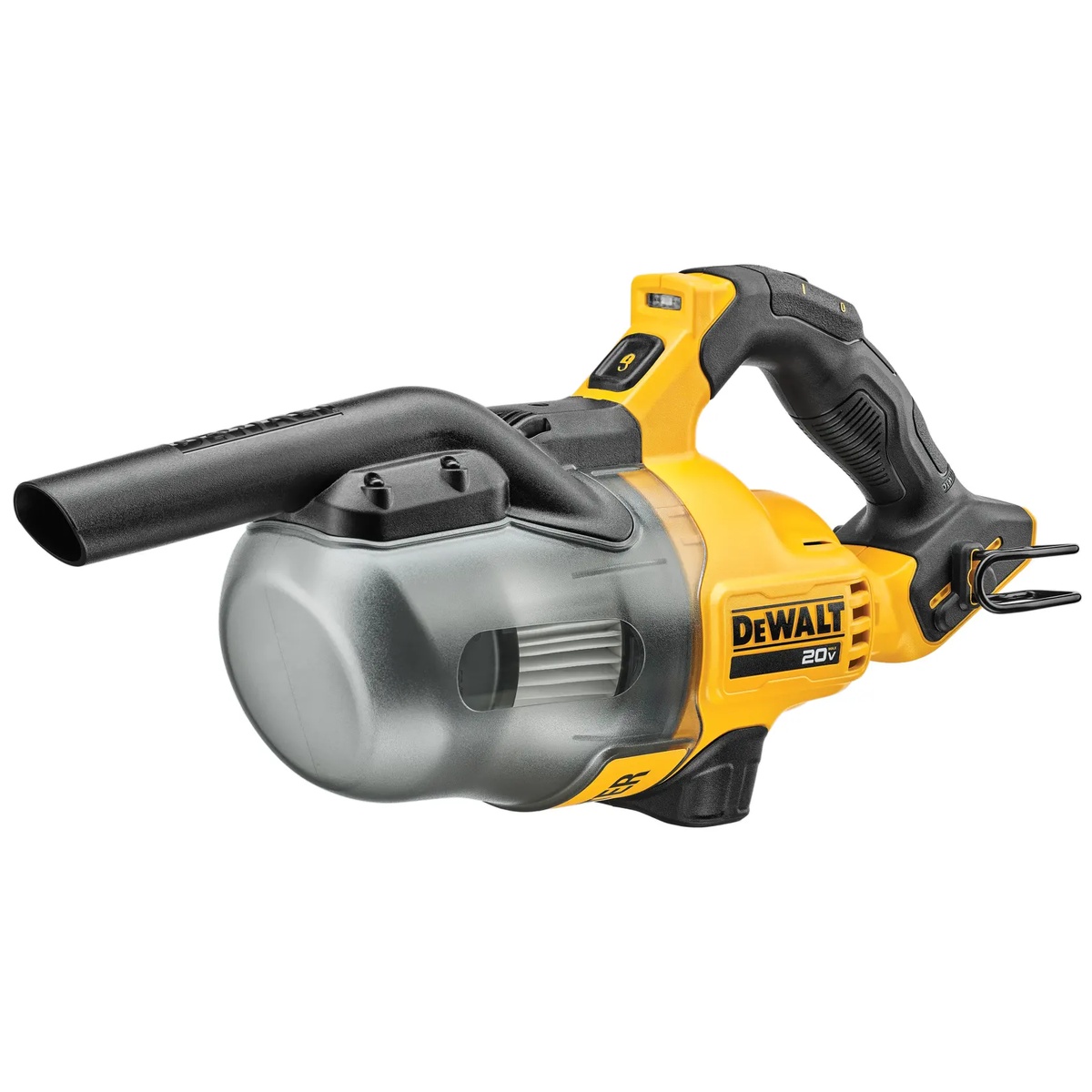 DEWALT DCV501HB 20V MAX Cordless Dry Hand Vacuum product view showing the easy-empty canister, onboard nozzle, and compact handheld design for dry debris pickup