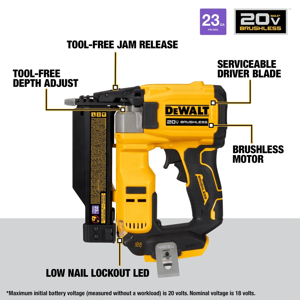 DEWALT 20V MAX ATOMIC Compact Series Brushless Cordless 23 Gauge Pin Nailer feature view showing tool-free jam release depth adjust low nail lockout LED and brushless motor