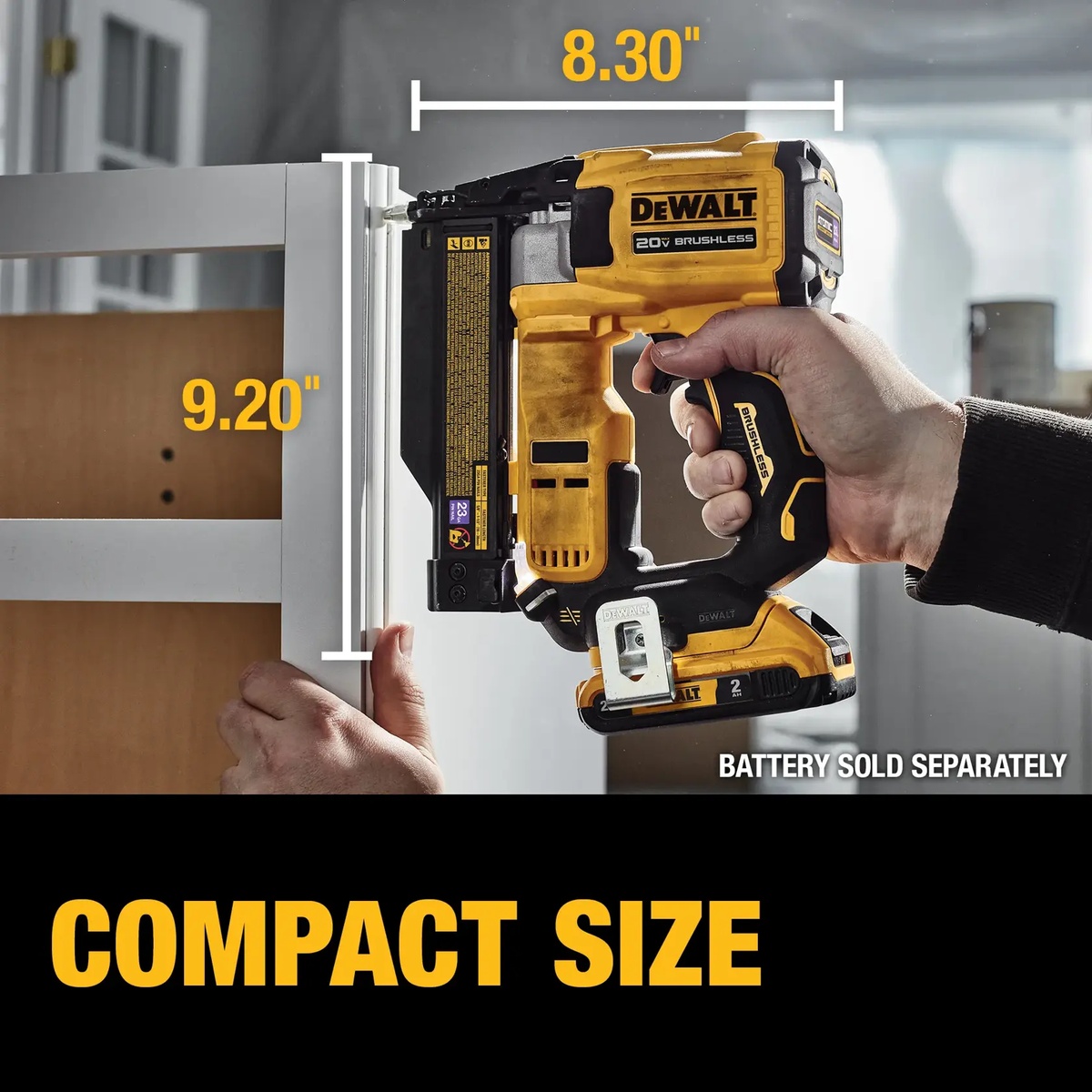 DEWALT 20V MAX ATOMIC Compact Series Brushless Cordless 23 Gauge Pin Nailer used in a tight cabinet and trim installation area showing compact size