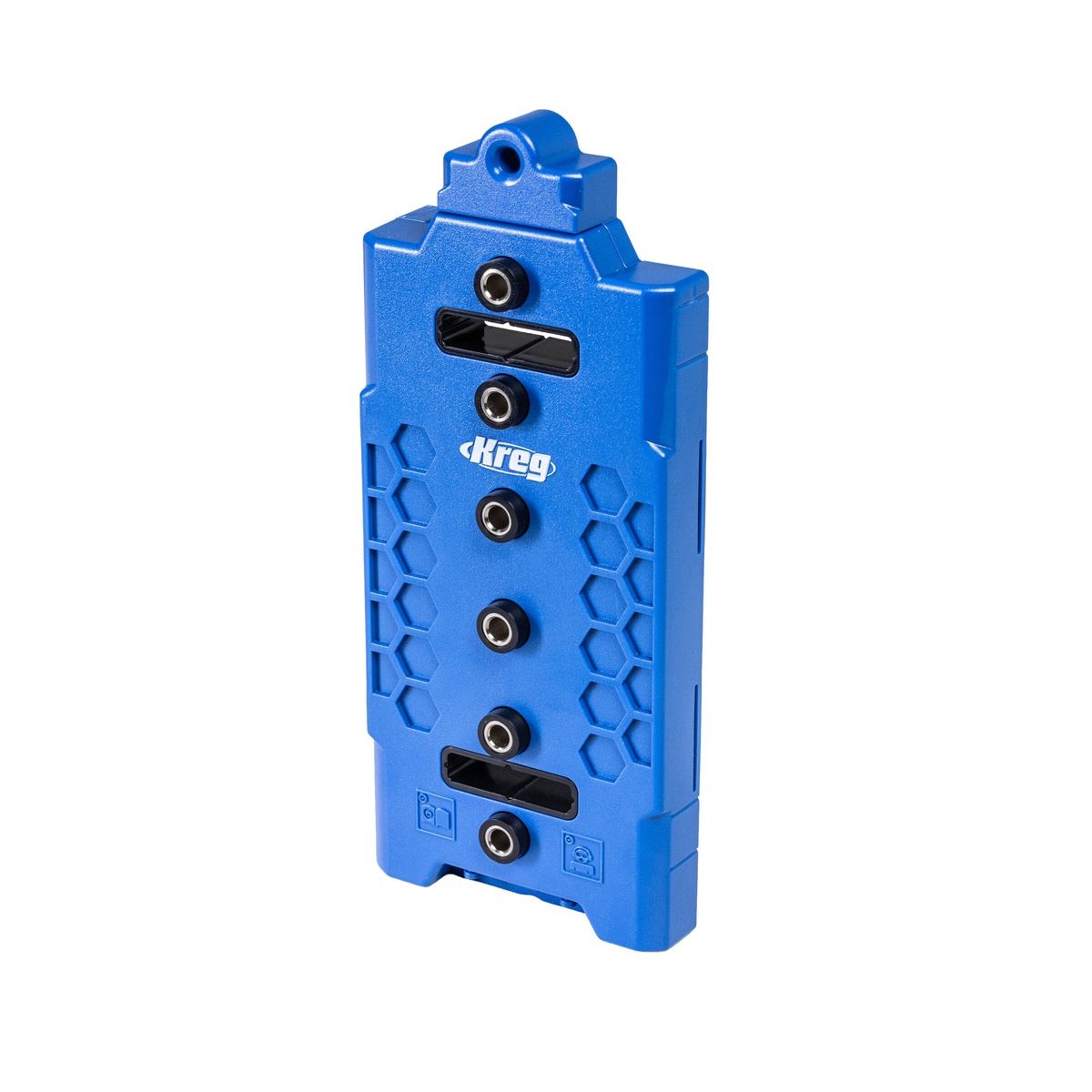 Kreg KMA3225 Shelf Pin Jig 1/4 in showing hardened-steel drill guides aligned in a straight row for drilling cabinet side panels