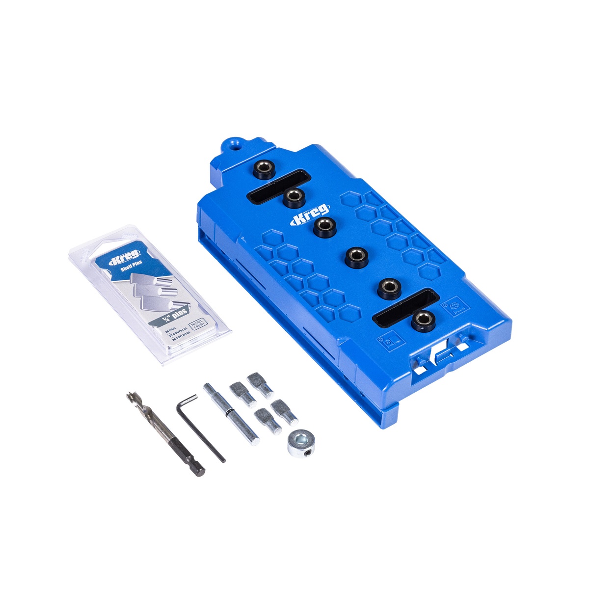 Kreg KMA3225 Shelf Pin Jig 1/4 in kit with brad-point bit and shelf pins laid out for drilling adjustable shelving holes in cabinets