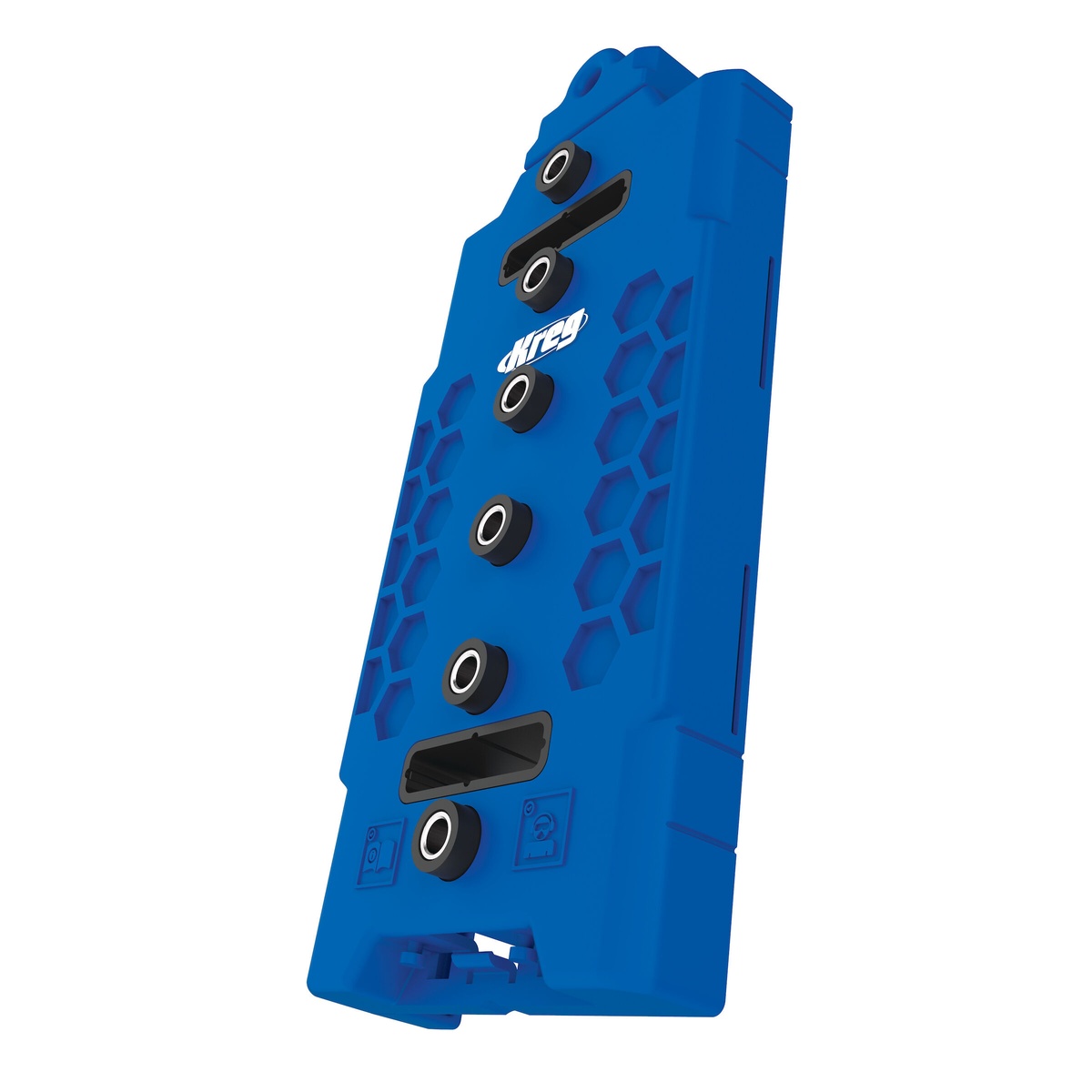 Kreg KMA3232 Shelf Pin Jig - 5 mm upright view showing hardened-steel drill guides and alignment features for drilling shelf pin holes and locating cabinet hardware on the 32 mm system
