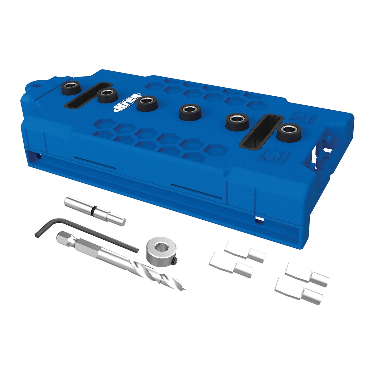 Kreg KMA3232 Shelf Pin Jig - 5 mm kit shown with shelf pin drilling jig body, 5 mm brad-point drill bit, stop collar, and accessories for cabinet and furniture shelf pin holes