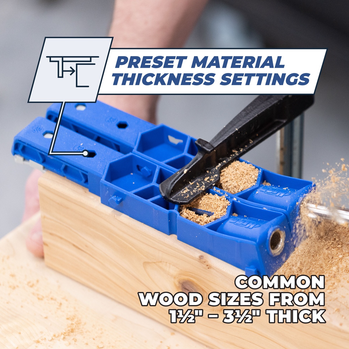 Kreg Pocket-Hole Jig XL drilling extra-large pocket holes into thick lumber on a workbench
