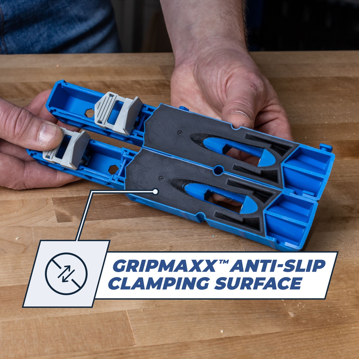 Kreg pocket hole jig XL underside showing GripMaxx anti-slip clamping surface on a wood workbench
