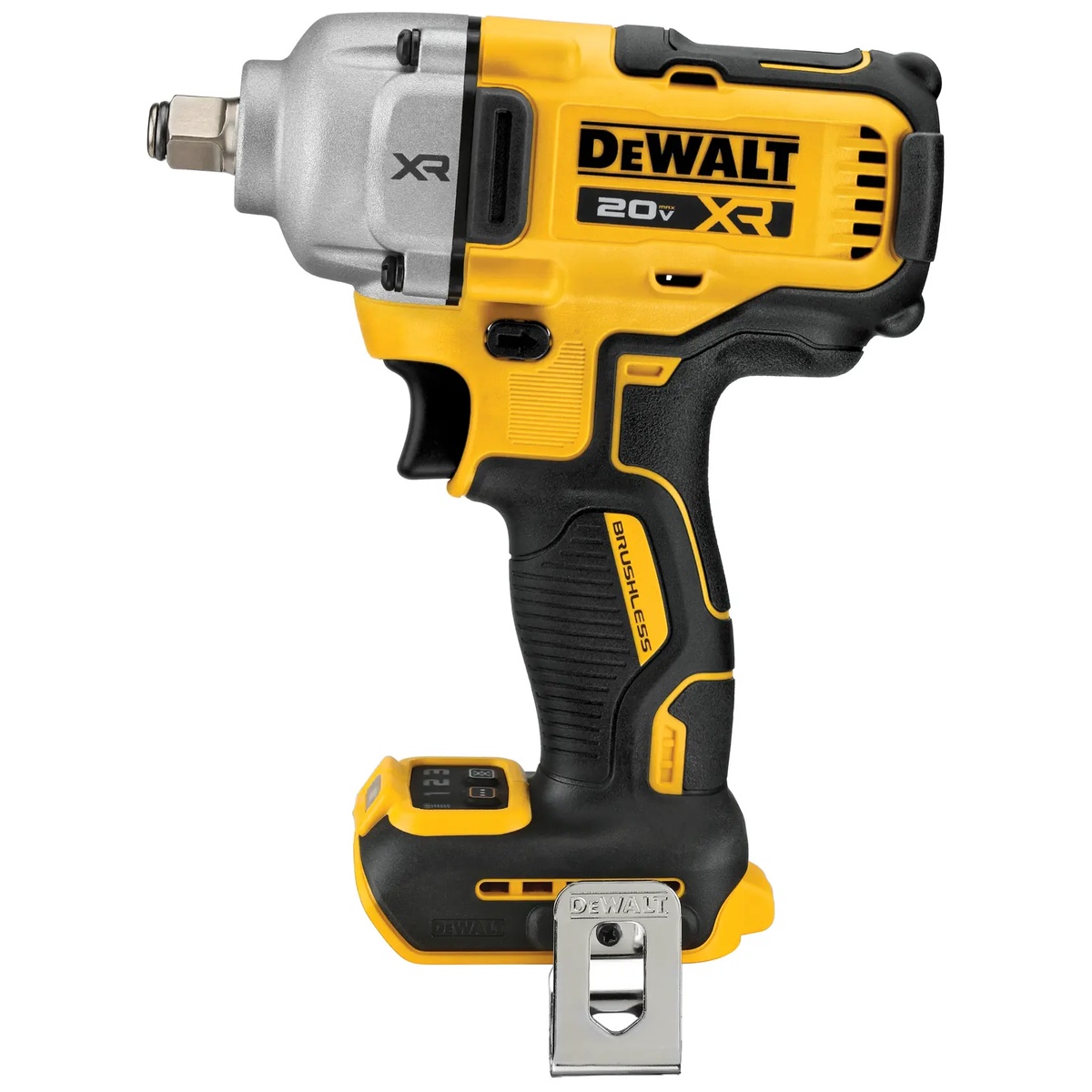 DEWALT DCF891B 20V MAX XR 1/2 in. Mid-Range Impact Wrench side view showing the compact tool body, hog ring anvil, and belt clip for jobsite fastening work