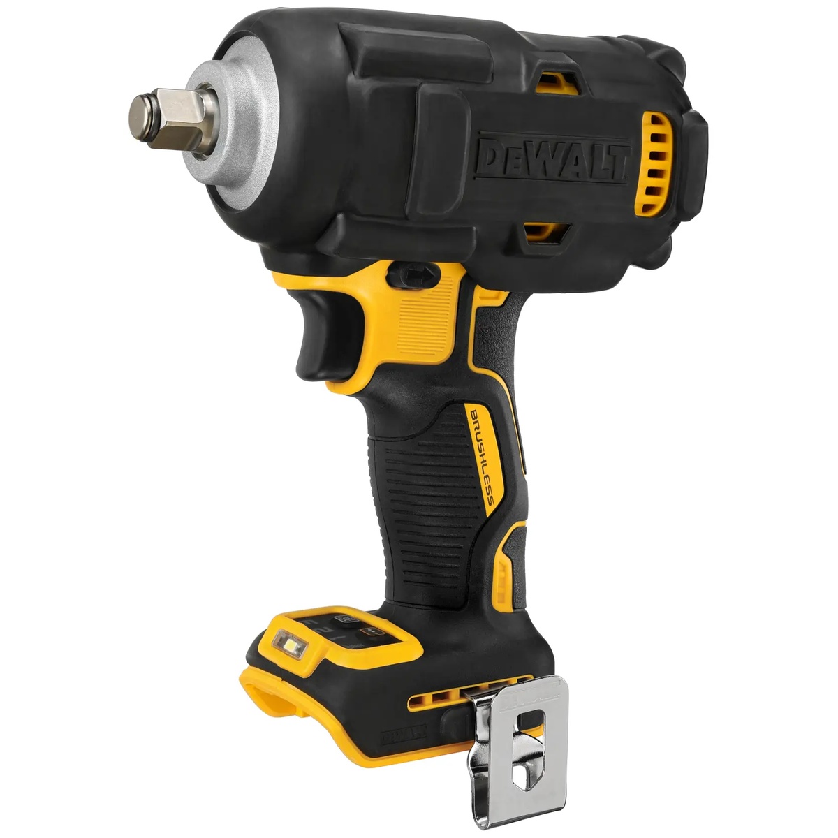 DEWALT DCF891B 20V MAX XR 1/2 in. Mid-Range Impact Wrench rear angle showing the 1/2 in. drive, brushless grip area, and LED light for mechanical and construction fastening tasks