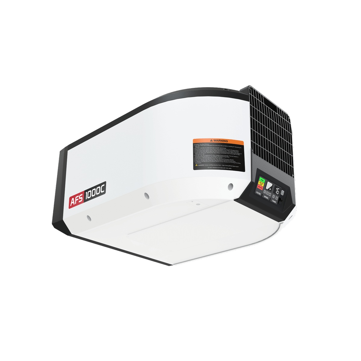 Jet 713000 AFS-1000C 1000CFM 6-Speed Air Filtration System product view showing the ceiling-mount air cleaner housing and angled control panel for shop dust filtration