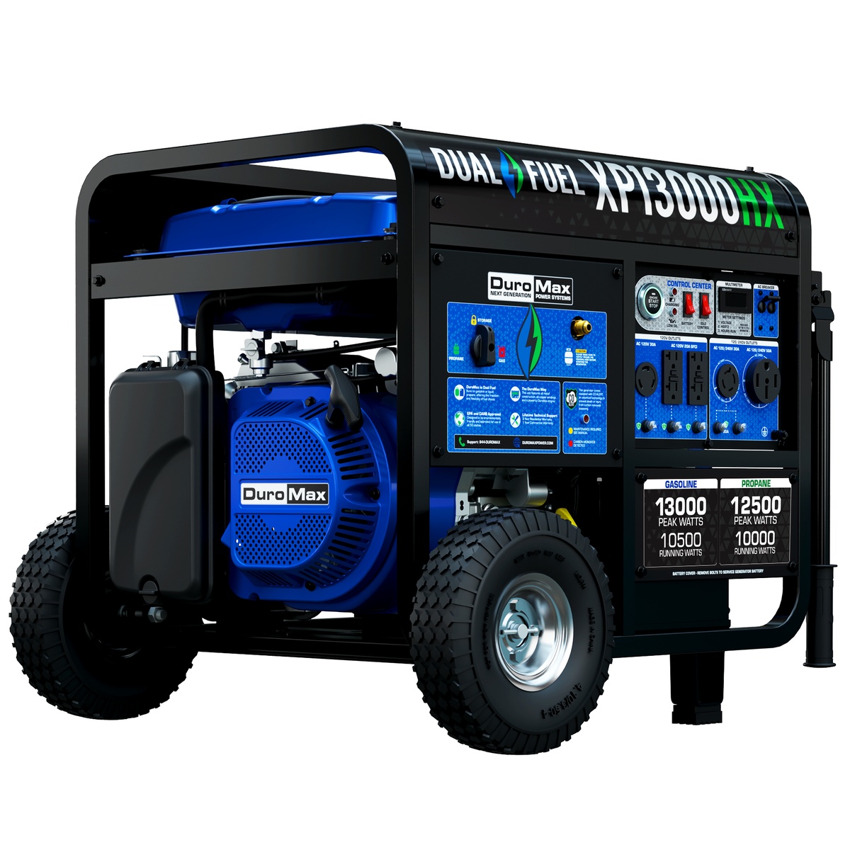 DuroMax XP13000HX 13,000-Watt Dual Fuel Portable Generator showing the front power panel, outlets, and wheel kit on a clean background