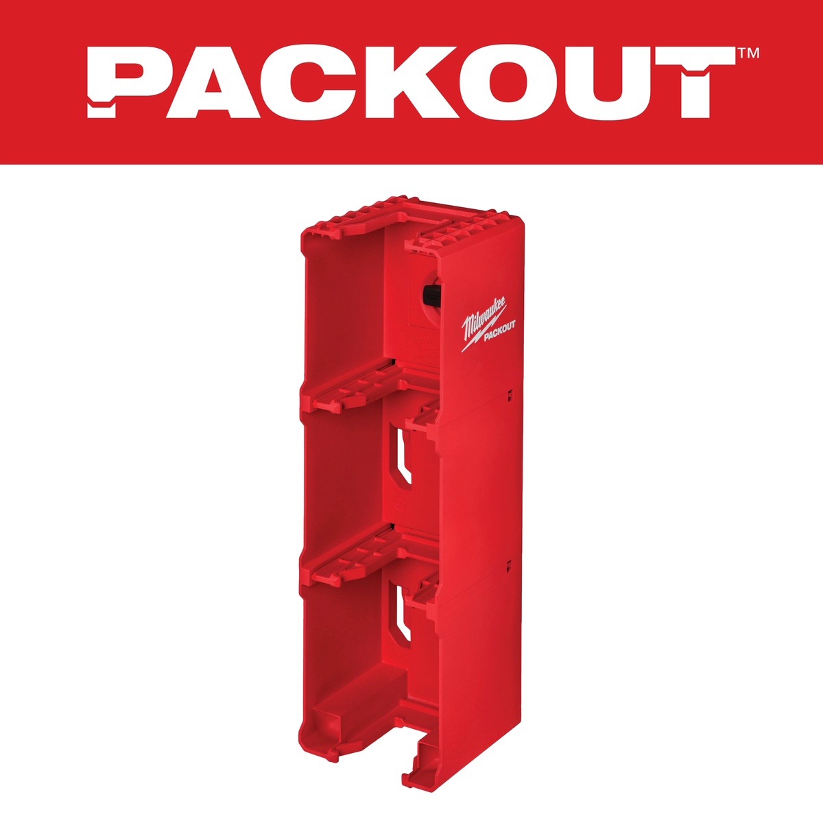 Milwaukee 48-22-8339 PACKOUT M18 Battery Rack product view showing the vertical four-slot battery storage design for shop organization