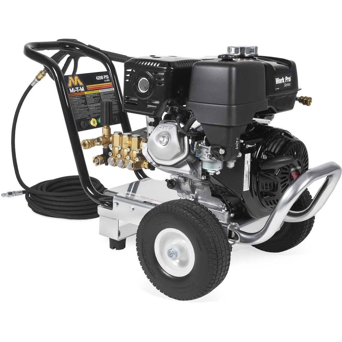 Mi-T-M WP-4200-0MHB Work Pro Series 4200 PSI gasoline direct drive cold water pressure washer shown as a complete mobile cleaning unit with hose, engine, and wheels for outdoor property and equipment washing