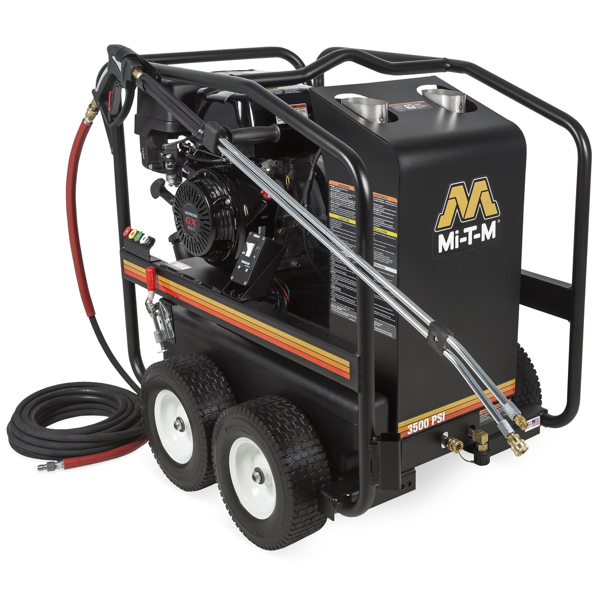 Mi-T-M HSP-3504-3MGH HSP Series 3500 PSI Gasoline Direct Drive Hot Water Pressure Washer shown with hose, trigger gun, and dual lance in a commercial cleaning setup for equipment and shop floor washing