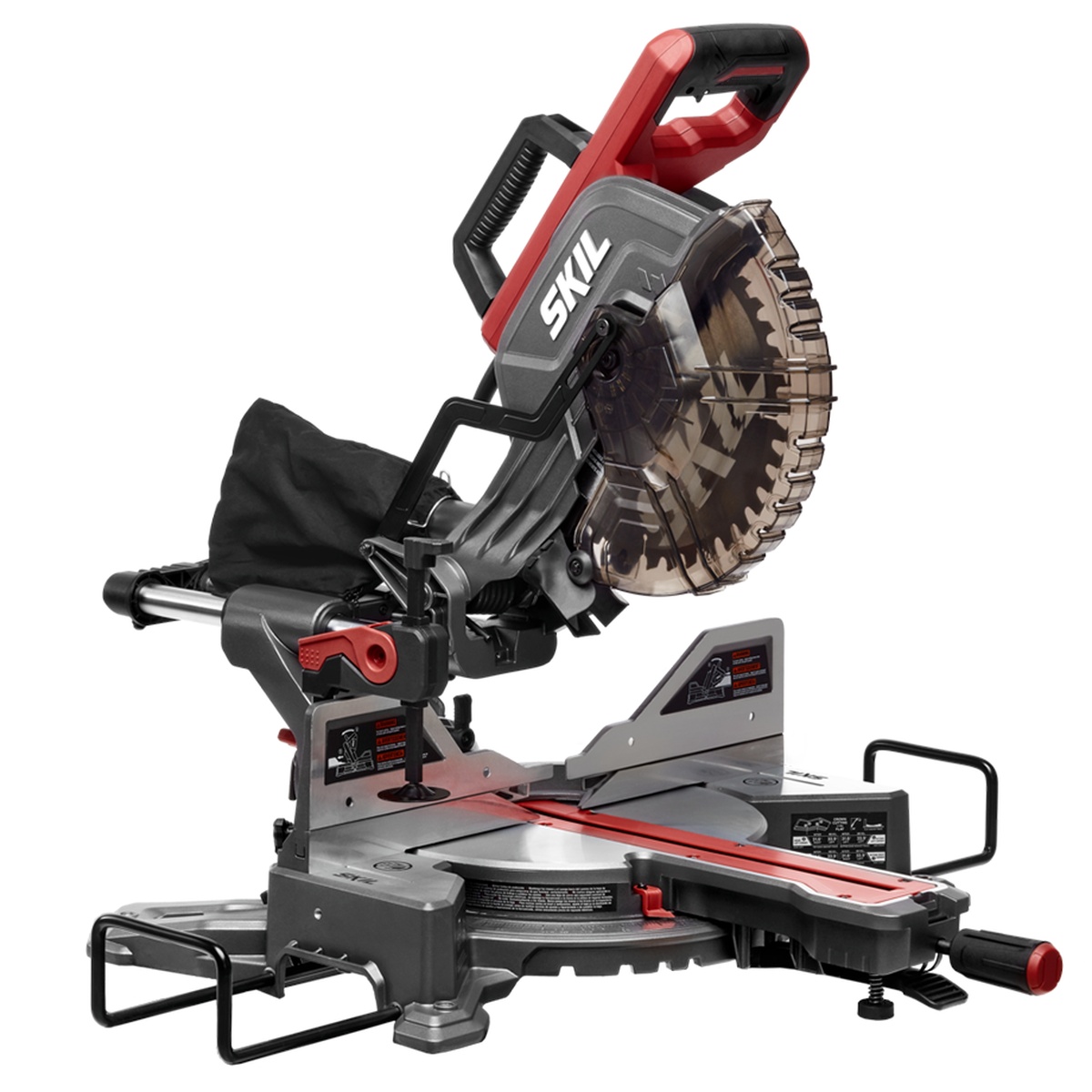 SKIL MS6305-00 10 in. dual bevel sliding miter saw shown on a clean background with sliding rails, dust bag, blade guard, and work supports visible for trim and framing cut setup
